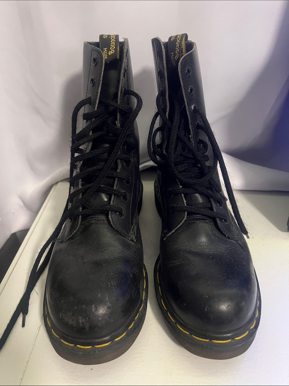 Vintage Dr. Martens Black Leather Steel toe 10-Eye Lace-Up Boots.